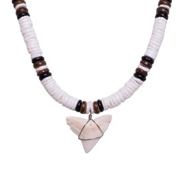 BlueRica Shark Tooth on Puka & Brown Coconut Shell Beads Necklace (20" 4U)