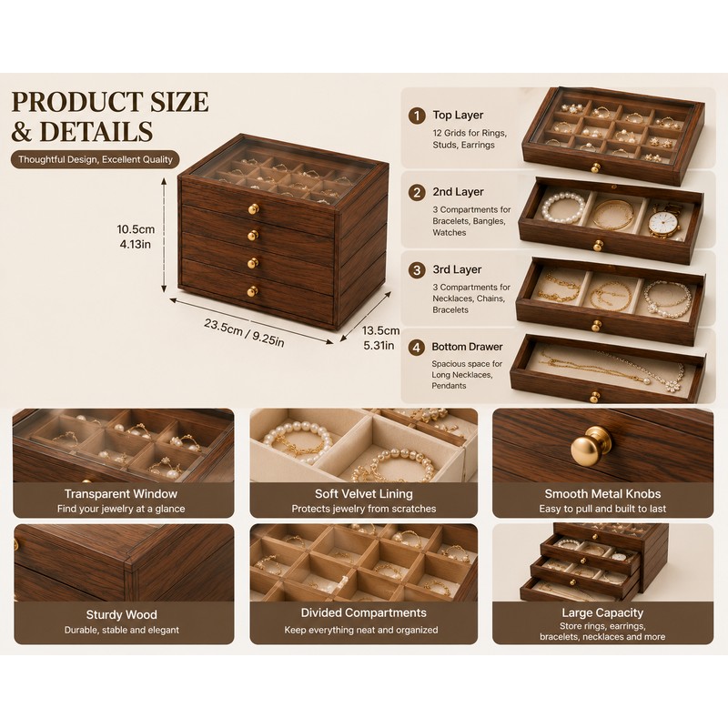 Wooden Jewelry Box Transparent Window Rings Necklace Storage Organizer Box