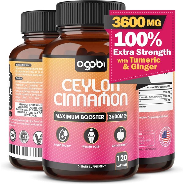 Ceylon Cinnamon Capsules - Combined with Ginger Root and Turmeric Curcumin - Equivalent to 3600 mg Powder - Natural Mind and Body Balance Support Supplement - 120 Vegan Capsules
