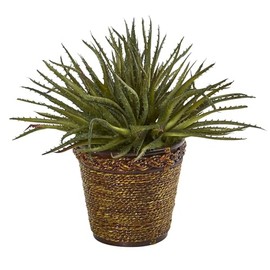 Nearly Natural 13in. Aloe Artificial Basket Silk Plants, Green
