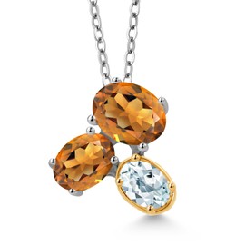 Gem Stone King 925 Silver and 10K Yellow Gold Orange Red Madeira Citrine and Sky Blue Aquamarine Pendant Necklace For Women (2.30 Cttw, Oval 8X6MM, 7X5MM and 6X4MM, Gemstone, with 18 Inch Chain)