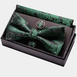 Jemygins Paisley Bow Tie, Men’s Pocket Handkerchief and Cufflinks Set - Dark green., size: m