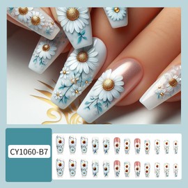 CJDLTS White Daisy False Nails Flower Press on Nails Long Ballet Shaped Nails Artificial Nails Floral Daisy Pattern Design Stick on Nails Full Cover Coffin Nails Acrylic Glue on Nails for Women