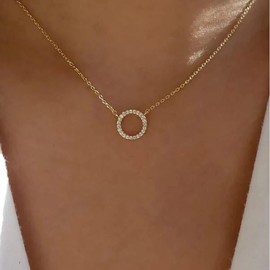 Cimenexe Bohemian Crystal Circle Pendant Necklace Gold CZ Hollow Circle Choker Necklace Paved CZ Round Necklace Rhinestone Circle Hoop Charm Necklace Jewellery for Women and Girls Gifts, Zinc, No