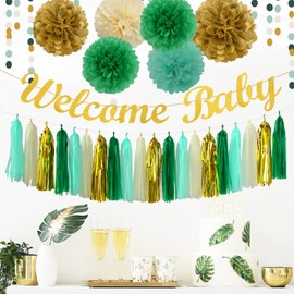 Decoración para baby shower de bienvenida color verde salvia, beige y dorado