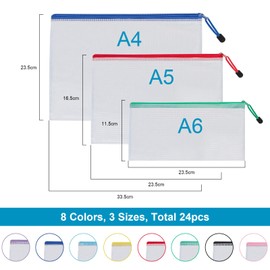 Document Wallet A4 + A5 + A6, 24 Pieces Waterproof Document Folder, Mesh Bag with Zip for Documents, Paper, Cosmetics, Receipt and Travel Utensils, 8 Colours