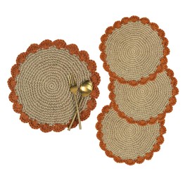 Folkulture Jute Placemats | Set of Four Circular Placemat | 13.5 Inches | Woven Scalloped Placemats for Kitchen Table | Round-Table Place Mat | Brown Round Heat Resistant Mats (Rust, Set of 4)