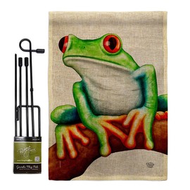 Ornament Collection Tree Frog Burlap Garden Flag Set with Stand Critters Bee Ladybug Animal Pet Nature Creature House Decoration Banner Small Yard Gift Double-Sided, Made in USA