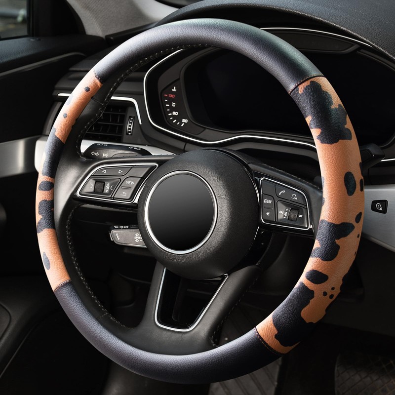 Cow Print Car Steering Wheel Covers, Breathable Microfiber Leather for