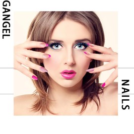 Gangel French Tip Press on Nails Hot Pink Almond Shape Nails Glitter Glossy Fake Nails with Nail Glue Medium Acrylic False Nails for Women and Girls(24 pcs)