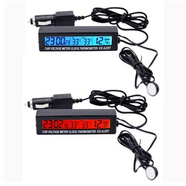 VIGORWORK 3 in1 Digital Car Thermometer Voltmeter Auto Indoor Outdoor Temperature Voltage Meter Alarm Clock Blue Orange Backlight