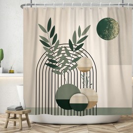 ASDCXZ Boho Shower Curtain 180x220 cm, Modern Abstract Art Boho Style Retro Sun Green Leaves Beige Bath Washable Shower Curtains Polyester Textile Waterproof Bath Curtain for Bathtub with 12 Hooks
