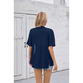 TASAMO Women's Lightweight Short Sleeve Split Cardigans Versatile Summer Outerwear（Navy Blue, Medium）