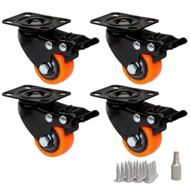 PRIOstahl Furniture Castors Brake Castors Heavy Duty Castors Transport Castors Orange Premium Wheels - 4 x Swivel Castors with Brake 40 mm + Mounting Screws and Bit for Furniture Cabinets Traceless &