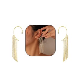 2Pcs Sparkly Rhinestone Long Tassel Ear Cuff Dangle Earring Crystal No Piercing Cartilage Climber Ear Clip Wrap Cubic Zirconia Jewelry for Women (Gold 2Pcs)
