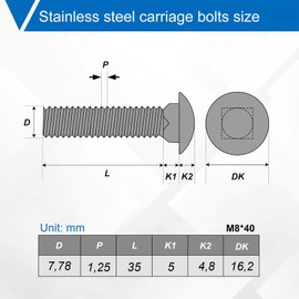 Wavanta 20 Pcs M8 Coach Bolts, M8 x 40mm Carriage Bolts, with Hexagon Nuts, Washer, 304 Stainless Steel, Coach Screws