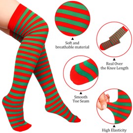 SATINIOR 3 Pairs Christmas Long Striped Knee High Socks Elf Thigh High Stockings for Women Girls Christmas Costume Party Dress up Stockings, Red Green, Green White, Red White