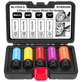 BILITOOLS 1/2 inch Drive Impact Lug Nut Socket Set, Metric 17-19 - 21 mm & SAE 13/16-7/8 inch Non-Marring Thin Wall Wheel Nut Socket