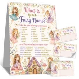 What's Your Fairy Name, Holiday Activity Icebreaker Game for Boys Girls, Birthday Party Decoration Supplies, 1 Stand Sign with 30 Name Stickers