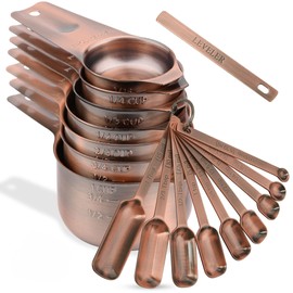 Kalsreui Copper Measuring Cups and Spoons Set, Measuring Cups and Spoons Set 17, Stainless Steel Measuring Cups and Spoons set, Metal 7 Measuring Cups and 9 Measuring Spoons with 1 Leveler for Kitchen
