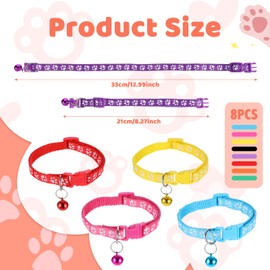 simarro 8 Pack Puppy Collars, Colorful Adjustable Kitten and Puppys Collars, 21-33cm Reflective Paw Print Collar with Bells, Soft Nylon Basic Pet Choker for Newborn Puppies, Pet Puppy Collar