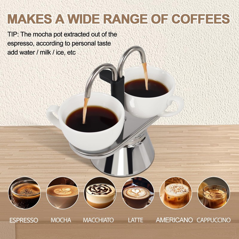 Uncoated 2 Cup Dual Pipe Moka Pot 304 Thickened Stainless