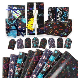 Movstriker 8 Pcs Gaming Wrapping Paper Printed Gaming Tags Boys Wrapping Paper Birthday Roll Gift Wrapping Paper for Kids Boys Girls Video Game Lover 4 Style Video Game Wrapping Paper