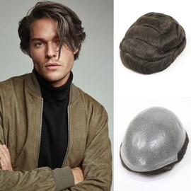 Lavishairs 0.06-0.08mm Full PU Skin Men Toupee Human Hair Natural Hairine Mixed Grey/Brown Male Wig Single Knot Human Hairpieces Replacement System 30mm Wave 120% Density (#3)