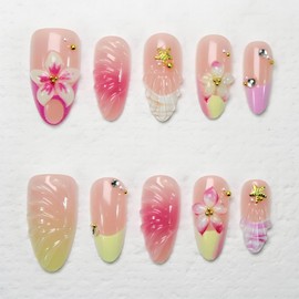 Handmade Press on Nails Medium Almond Fake Nails with French Tip Flower False Nails Water Ripples Starfish Beach Glue on Nails Glossy Ombre Pink Ocean Stick on Nail for Women Girls Manicure 30Pcs