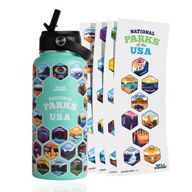 LET'S WANDER National Parks Water Bottle with 2 Sets of 63 Waterproof Stickers - 32oz Leakproof Insulated Stainless Steel with Straw - USA Hiker Gift Bottle (Teal)