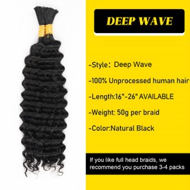 Jreitsere Human Braiding Hair Deep Wave Bulk Human Hair for Braiding No Weft 16 Inch 100% Unprocessed Human Hair Natural Black 100g Bulk Human Braiding Hair for Boho Braids (1Pack-2Bundles(50gx2),1B)