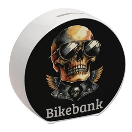 Rocker Skull Money Box with Saying Bike Bank Cool Skull Design Rocker Money Box with Sunglasses Skeleton Head Bike Bank