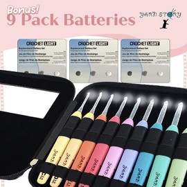 Yarn Story™ Lighted Crochet Hooks Complete Set 9/pkg - 9 pcs Light up Crochet Hook Set w/ 9 Extra Batteries – Crochet Lite Hooks – LED Crochet Hooks for Arthritic Hands Sizes 2.5 to 6.5mm (Black)
