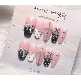 [In-store special discount]Y2K Blackpink Dot Gyaru Handmade Nail Tips - Gyaru Stiletto / [입점초특가할인]Y2K 블랙핑크 도트갸루 수제네일팁 - 갸루스틸레토