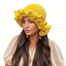 QYPDIYI Crochet Bucket Hat for Women Ruffled Brim Knit Foldable Floppy Beach Hat Handmade Woven Fishing Cap Yellow