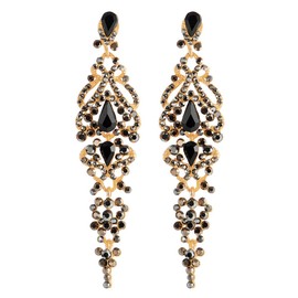 Rose Gold Art Deco Black crystal grey Rhinestone Cluster Chandelier Long Dangle statement earring
