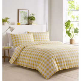 Gingham Duvet Sets Check Bedding Quilt Cover Pillow Cases (Yellow, Single)