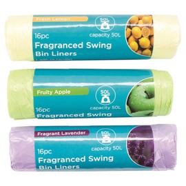 Pack of 48, Fragranced Swing Bin Liners with Tie Handles, 16 Lemon, 16 Apple, 16 Lavender Rubbish Bags, 50L Capacity