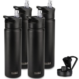 HASLE OUTFITTERS Insulated Water Bottle 22 oz Double Wall Stainless Steel Water Bottle Wide Mouth with Straw Lid & Spout Lid Keeps Cold or Hot(Black,4)