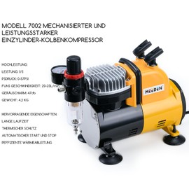 MEEDEN Airbrush Compressor, 1/5 HP Single Piston Compressor with Auto Stop, Hermally Protected, Low Running Noise, 47 dB Regulator, Water Trap Holder, 1/8 Air Hose for Model Making, Tattoo & Graffiti