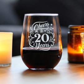Cheers to 20 Years - Stemless Wine Glass Gifts for Women & Men - 20th Anniversary or Birthday Party Decor - Large 17 Ounce Glasses