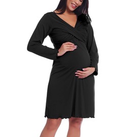 Amorbella Women's Maternity Nightdress Nursing Nightshirt Bamboo Viscose Breastfeeding Labour Hospital Nightgown Pregnant Sleepwear (Black,XXL)