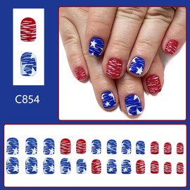 24Pcs Independence Day Press on Nails Short Square Fake Nails Matte 4th of July Acrylic Nails Patriotic American Flag Irregular Stripe Designs Full Cover False Nails Stick on Nails for Women