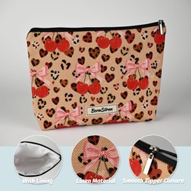 BornSiiren Heart Leopard Print Cherry Makeup Bag,Cosmetic Bag for Women, Large Capacity Toiletry Bag,Zipper Pouch, Travel Accessories Storage with Lining