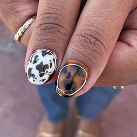 Uñas postizas cortas con diseño de rayas de animales, almendra, con brillantes líneas circulares plateadas 3D, uñas postizas de cebra, tortuga y leopa