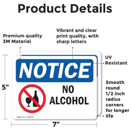 (2 Pack) No Alcohol Sign With Symbol OSHA Notice Sign 7 Inch X 5 Inch Vinyl Label Decal Sticker Weather Resistant, UV Protected for Workplace, Business, and Construction Site, Made in the USA