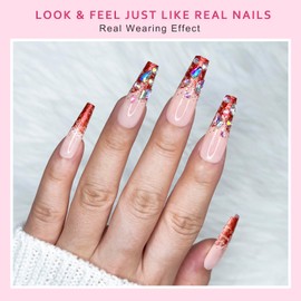 Artquee Coffin Press on Nails Long - Nude Press on Nails with Ombre Red Glitter Rhinestones Designs, Reusable Fake Nails for Women Stick on Nails in 12 Sizes - 24 Nail Kit, Z281