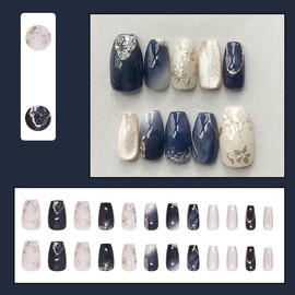 24Pcs Silver Flower Press on Nails Medium Coffin Fake Nails with 3D Embossed Peach Blossom Artificial Acrylic Nails Gradient Blue Marbling Glue on Nails White Glitter Full Cover False Nails Kit