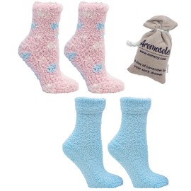 MinxNY Aromasoles Non-Skid 2-pack Lavender Rose Shea Butter Infused Slipper Socks with Grips Fuzzy Cozy Winter Soft Fluffy Socks for Women's Day Gift, Polka Dots-pinkberry Sherbert, One Size