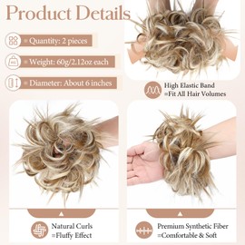 FeidyLong 2PCS Messy Bun Hair Piece - Large Elastic Wavy Curly Hair Bun Scrunchies Ponytail Extensions Synthetic Chignon Thick Updo Hairpieces for Women 2.12oz each(Ginger Blonde Mix Bleach Blonde)